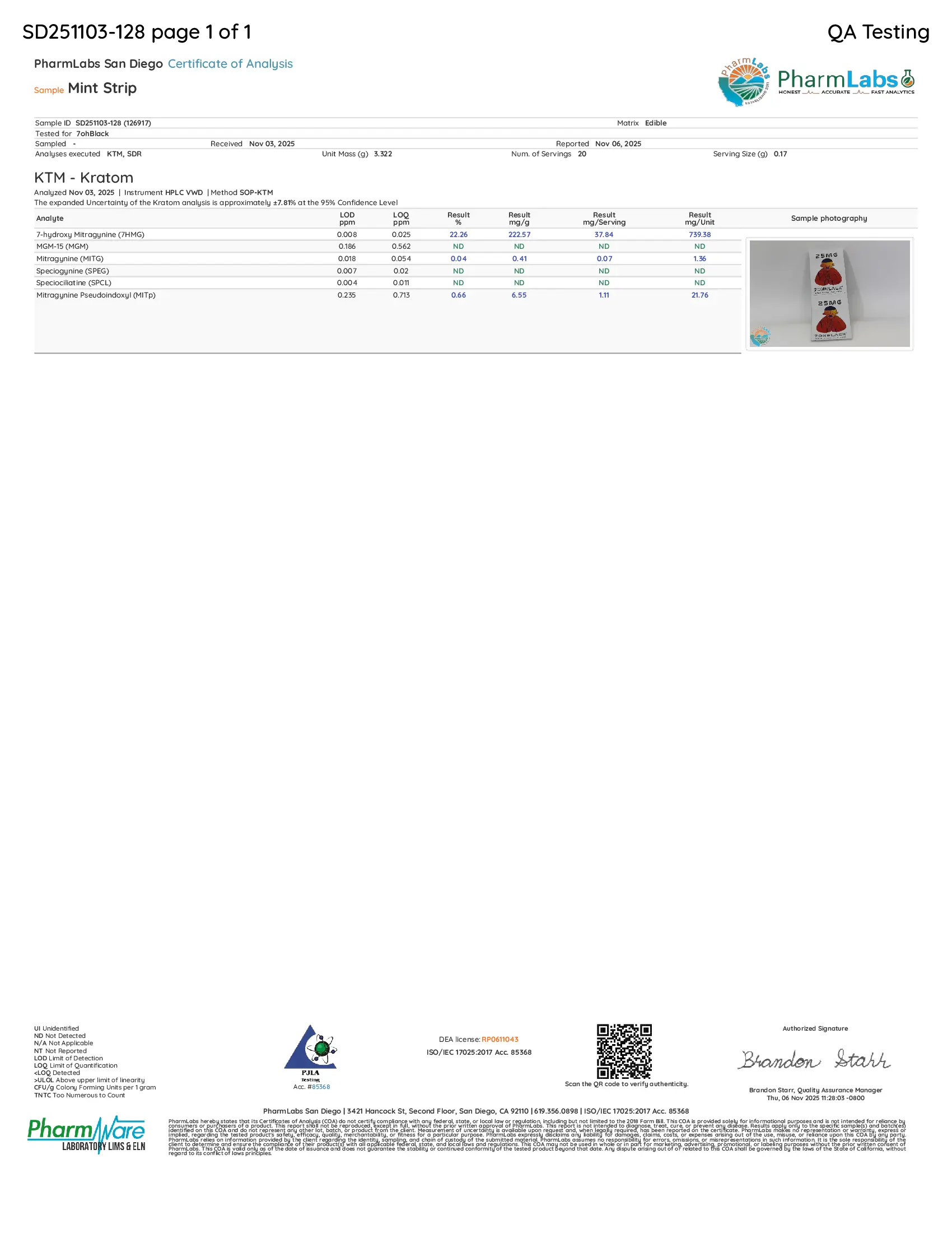 Mint 7-oh strip with text and a QR code on a white background, featuring Pharm Labs branding.